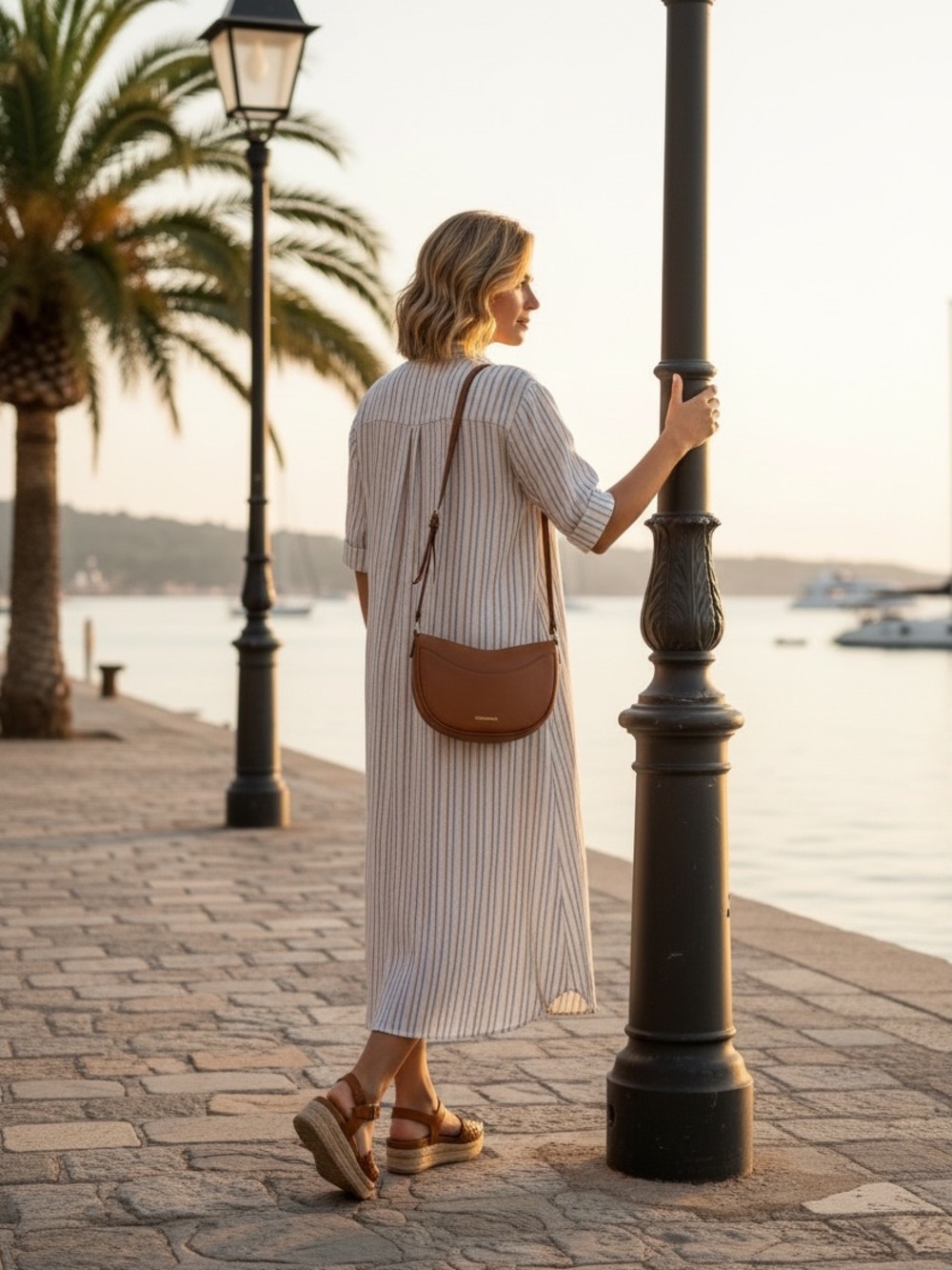 Universal Thread Striped Shirt Midi Dress in Cream and Tan - Picture 3 of 9